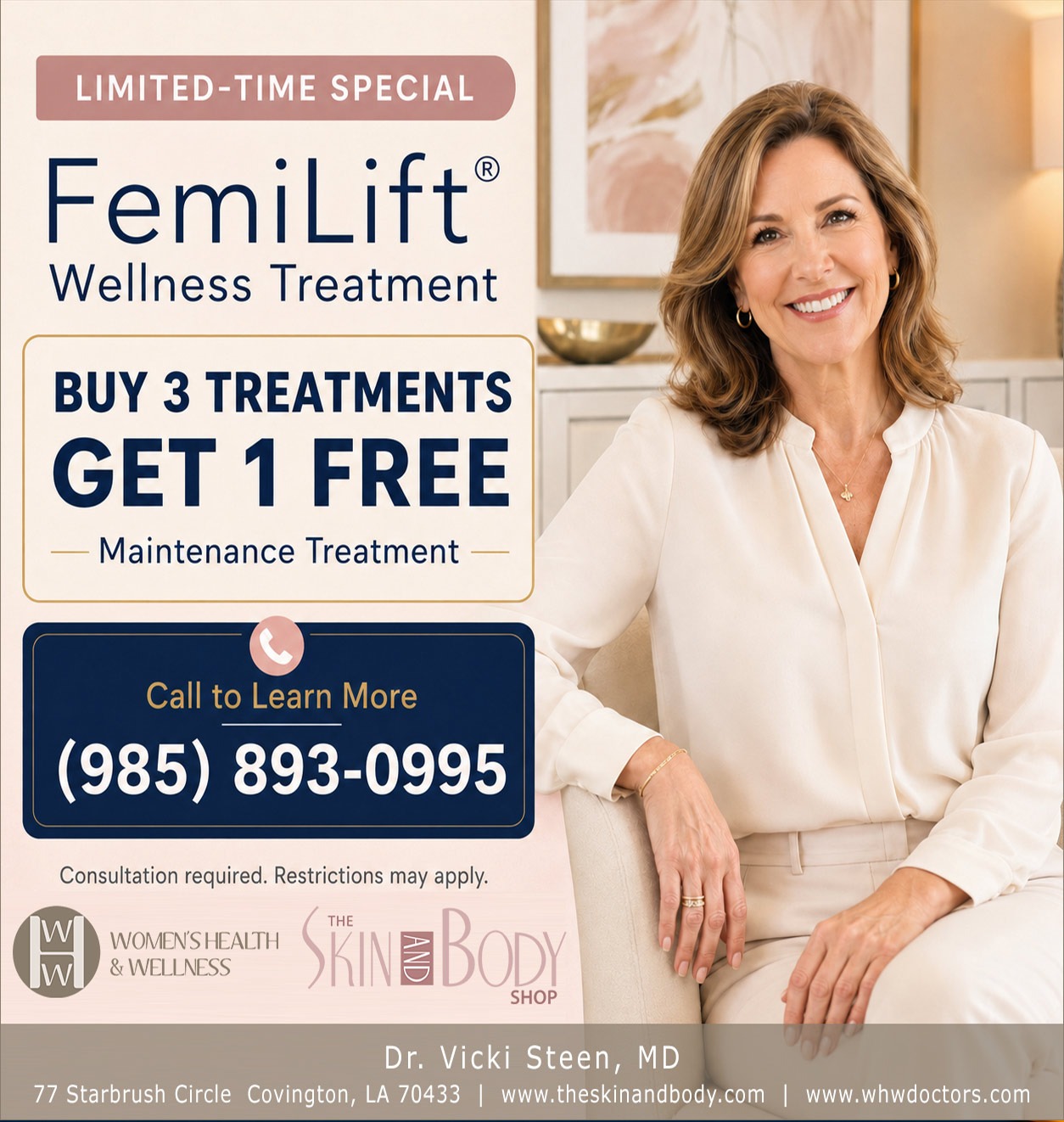 Promotional banner for FemiLift wellness treatment: 'Buy 3 Treatments Get 1 Free' with a smiling woman and contact number (985) 893-0995.
