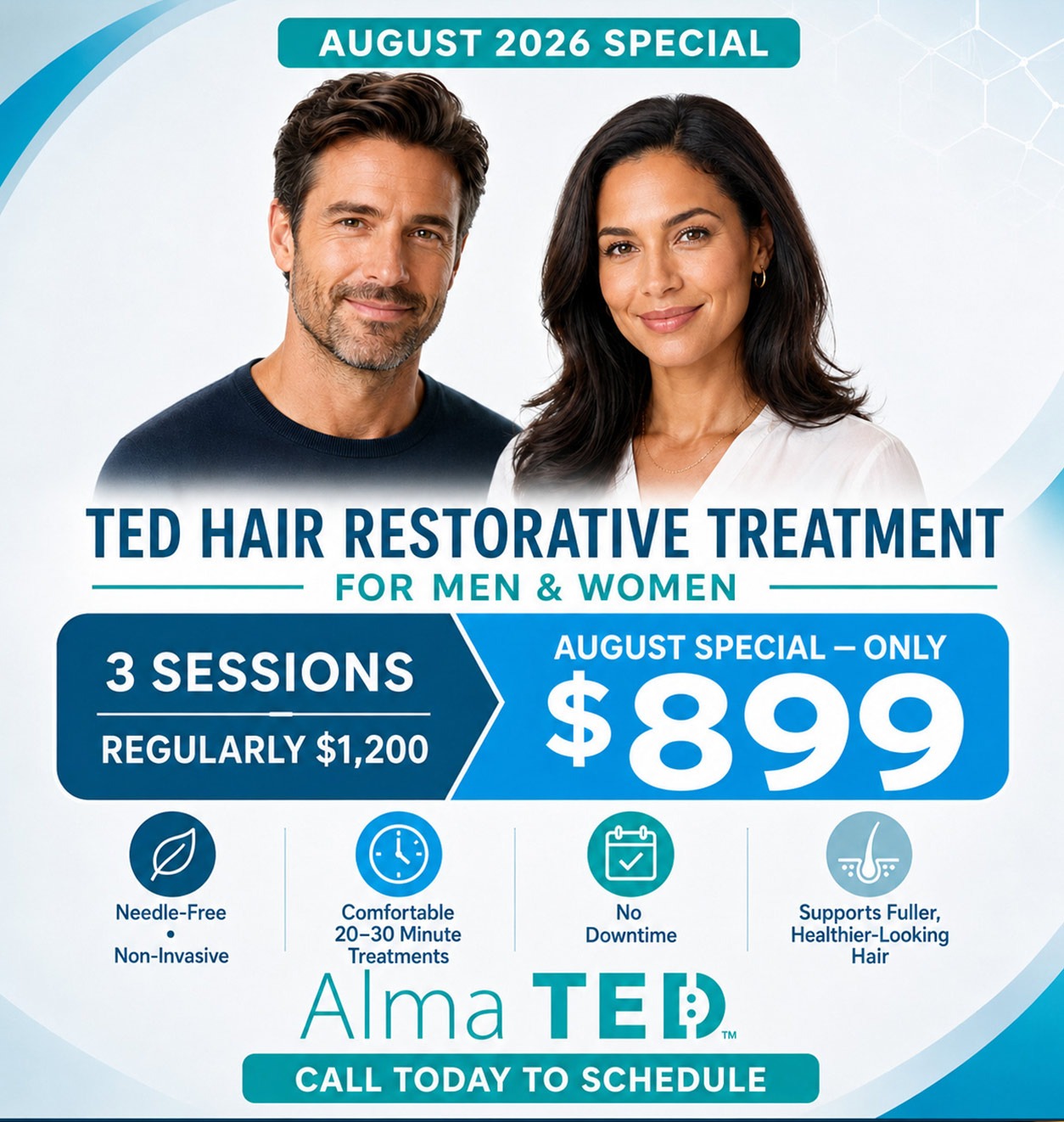Promotional poster for Ted Hair Restorative Treatment—Aug 2026 special: 3 sessions for 9 (regular  alt=